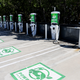 Cars recharge at a Power Up fast charger station on April 14, 2022 in Pasadena, California.